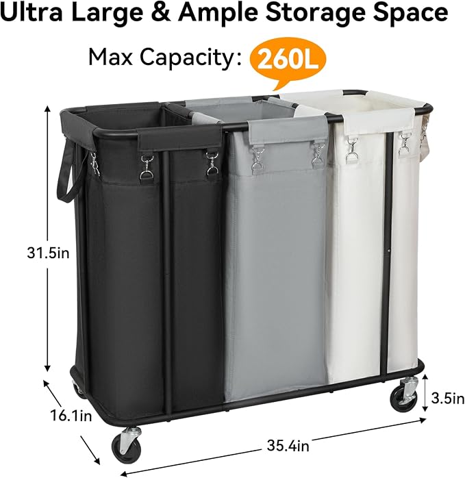 WOWLIVE Laundry Hamper with Wheels 260L Rolling Laundry Basket 3 Section - Image 4