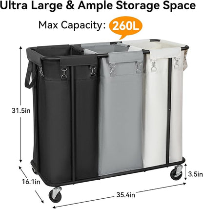 WOWLIVE Laundry Hamper with Wheels 260L Rolling Laundry Basket 3 Section - Image 4
