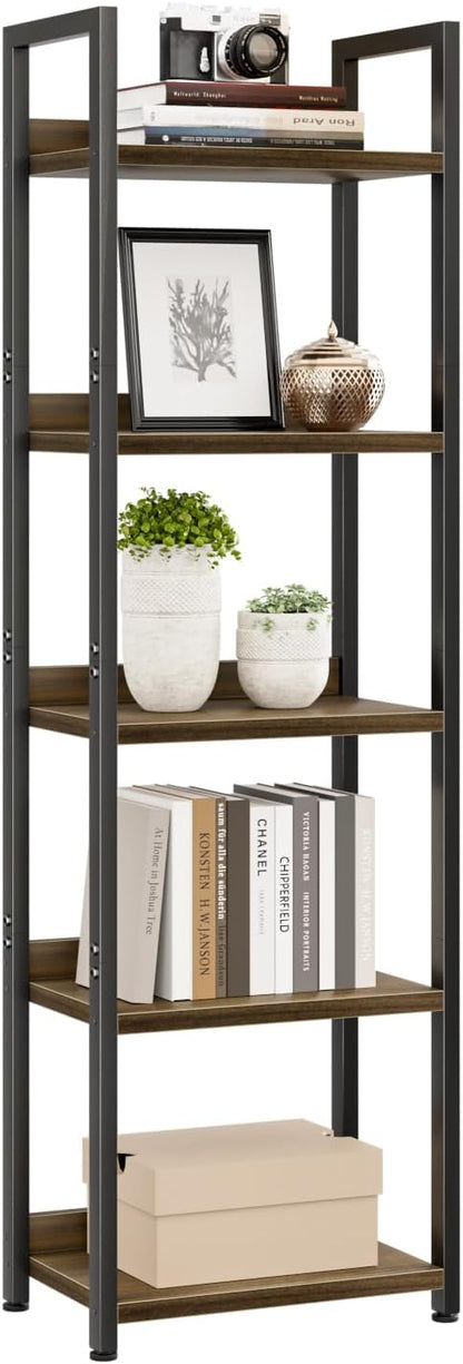 NUMENN Narrow Bookshelf, 5 Tier Freestanding Shelving Unit, Dark Walnut | Metal by NUMENN