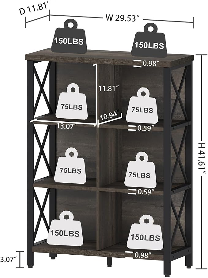 FATORRI 6 Cube Storage Organizer Shelf, Rustic Wood and Metal Cubby Bookcase - Image 2