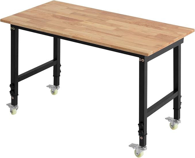 VEVOR Adjustable Workbench on Wheels, 1500 lbs Capacity, 48 x 24 Inch Oak Wood by VEVOR
