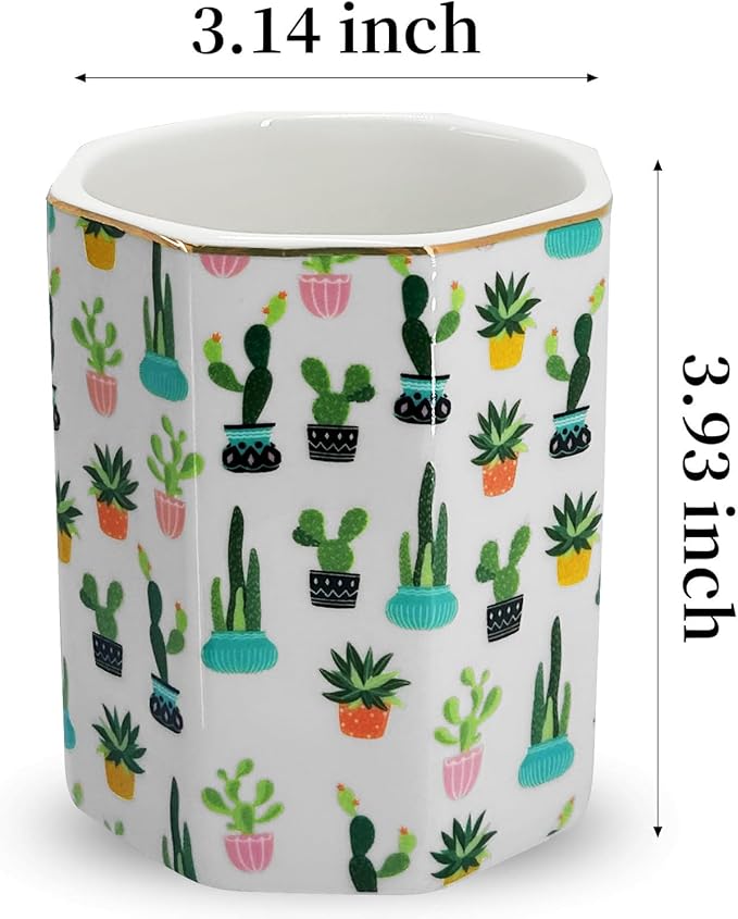 Pen Holder, Makeup Brush Holder Ceramic Shiny Gold Tropical Cactus Green - Image 4
