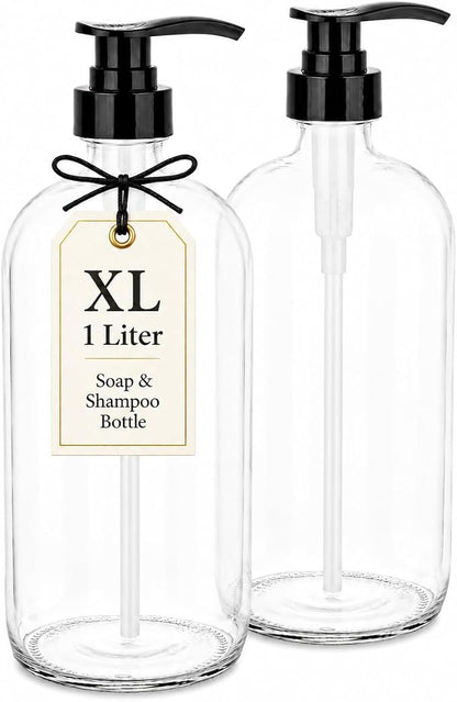 32-Ounce Pump Bottles, Large Clear Glass Boston Round Bottles w/Black Pumps. by KITCHENTOOLZ