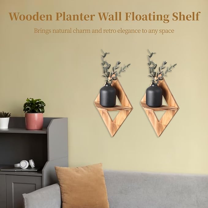 Rhombic Charcoal Shelf, Wooden Planter Wall Shelves Floating, Decorative - Image 3