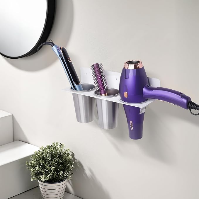 Hair Tool Organizer, Hair Dryer Holder wtih 2 Cups, Hot Tool Organizer Wall - Image 7