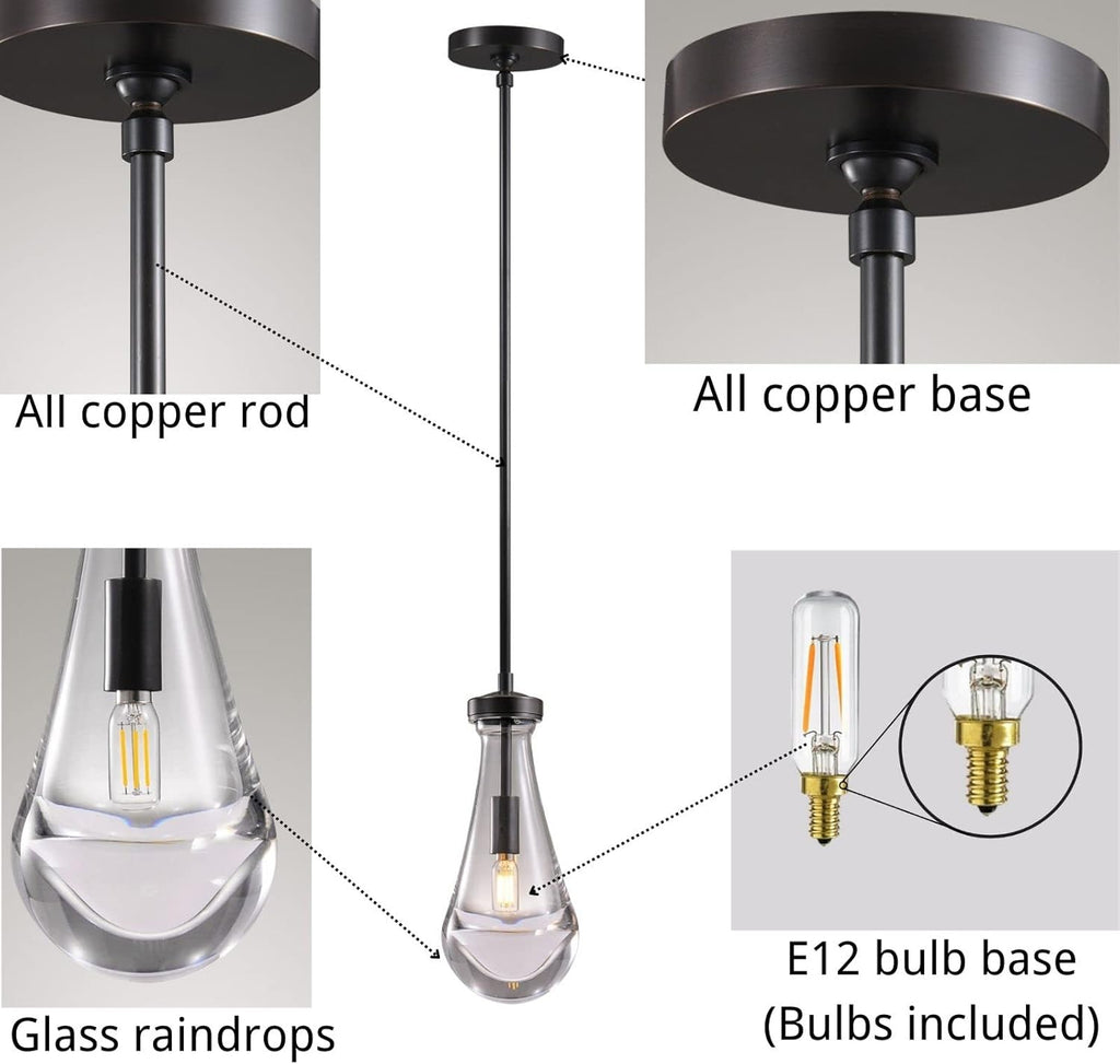 Raindrop Pendant Lights, Bronze Modern Pendant Lights for Kitchen Island with Rod, Penadant Light Fixtures, Chandelier for Living Room Hallway,Bedroom Pendant Light, Bulb Included