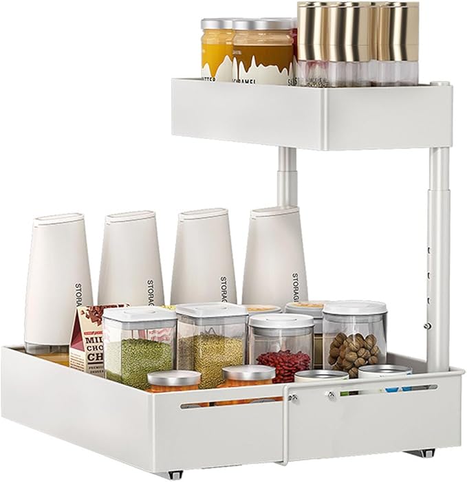Under Sink Organiser, 2 Tier Pull Out Cabinet Organiser, Height Adjustable Out - Image 5