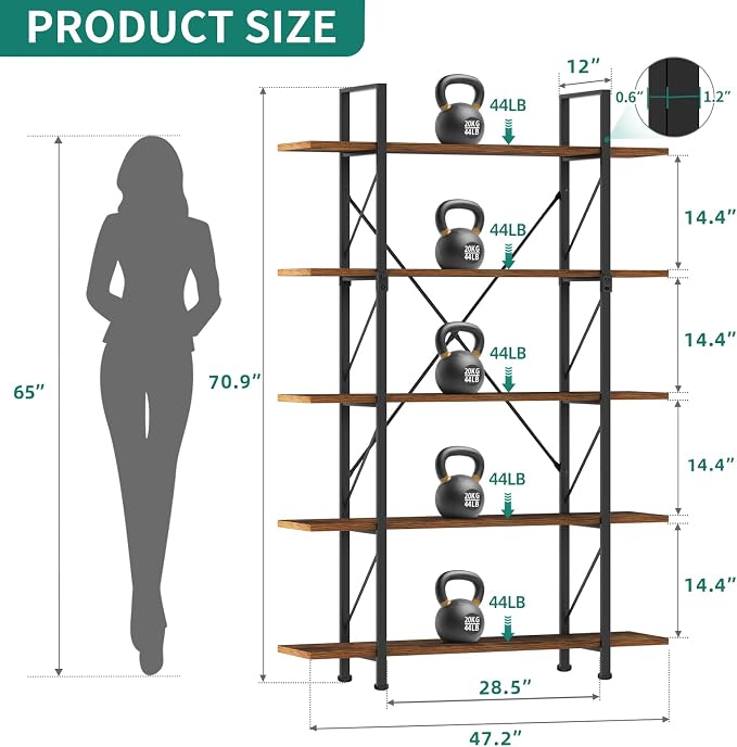 YITAHOME 5 Tier Bookshelf | Large Bookcase Industrial Book Shelf Storage - Image 2