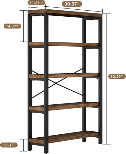 5-Tier 39.37" Wide Heavy Duty Bookshelf, Industrial Wood and Metal Bookshelf - Image 2