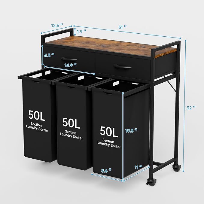 Laundry Sorter with 3 Section Pull Out Bags Rolling Laundry Basket Organizer - Image 6
