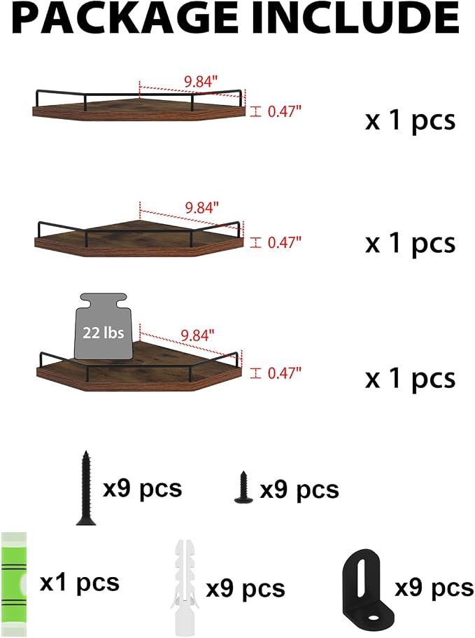 HORLIMER Floating Corner Shelf Wall Mount, 3 Pack Rustic Wood Corner Wall - Image 3