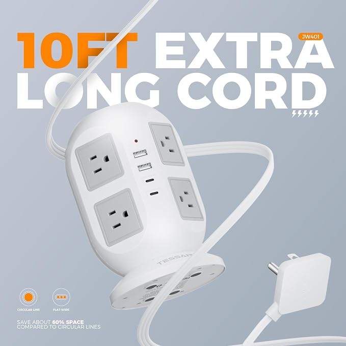 Tower Power Strip, Surge Protector 10 FT Cord, TESSAN Flat Plug Extension Cord - Image 3