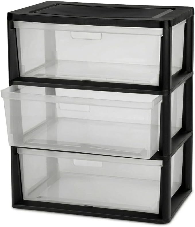 Wide 3-Drawer Plastic Storage Tower Organizer, 25.25" High, Drawer Stops & by Unknown