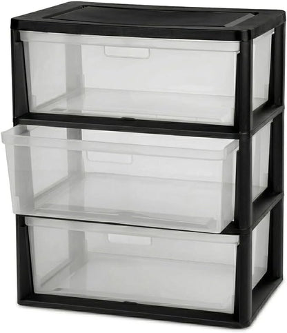 Wide 3-Drawer Plastic Storage Tower Organizer, 25.25" High, Drawer Stops & by Unknown