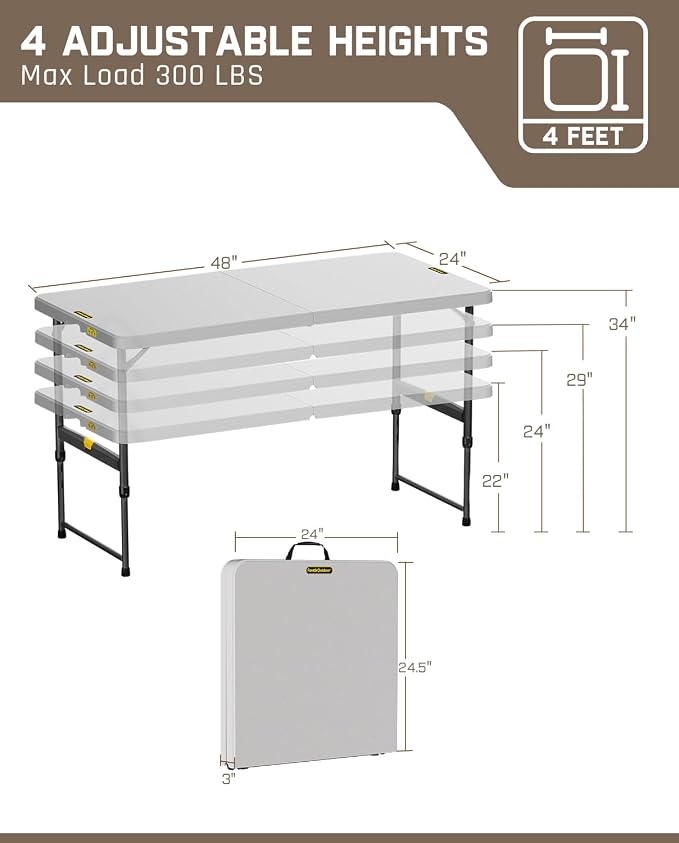 FanttikOutdoor 4ft Portable Folding Table, One-Handed Height Adjustment - Image 3