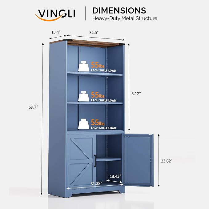 VINGLI Blue Bookcase with Doors and Adjustable Shelves, Steel 70" Tall - Image 3