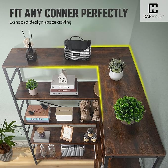 CAPHAUS L-Shaped Bookshelf, 5 Tier Industrial Corner Bookcase, Tall Corner Shelf - Image 3