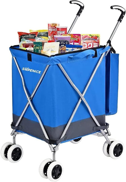 Folding Shopping Cart for Groceries, Water-Resistant Heavy-Duty Canvas Trolley by supenice