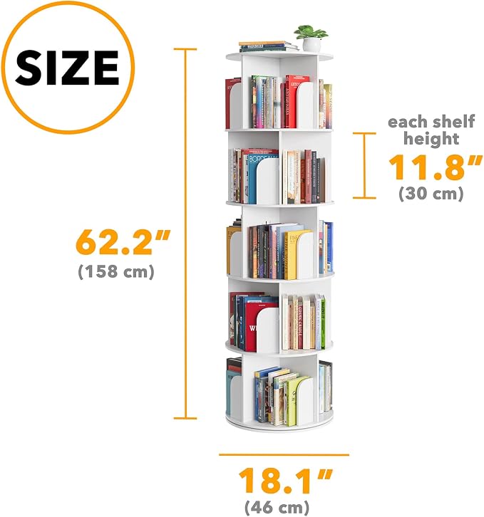 SpaceAid Cross Style 5 Tier Rotating Bookshelf, Spinning 360 Bookcase Lazy - Image 2