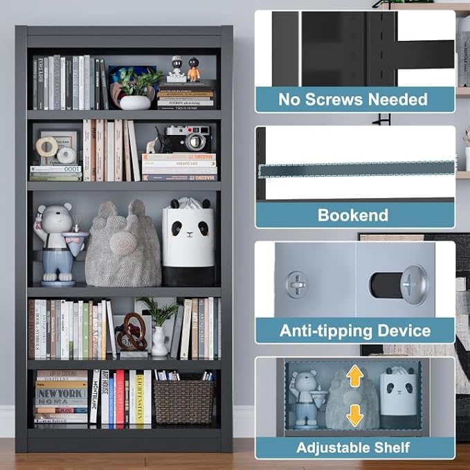 Book Shelf, 5-Tier Sturdy Bookcase, Adjustable Bookshelf, Large Capacity per - Image 4