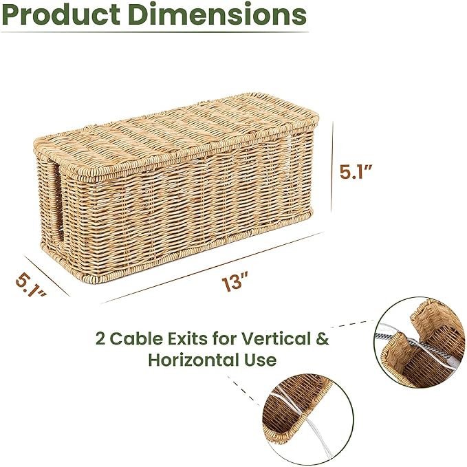Cable Management Box, Handmade Rattan Cable Organizer, 2 Open Slots Cords Hider - Image 9