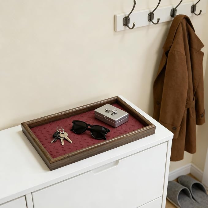 Wooden Valet Tray with Leather Base, EDC Catch All Tray Nightstand Entryway - Image 6