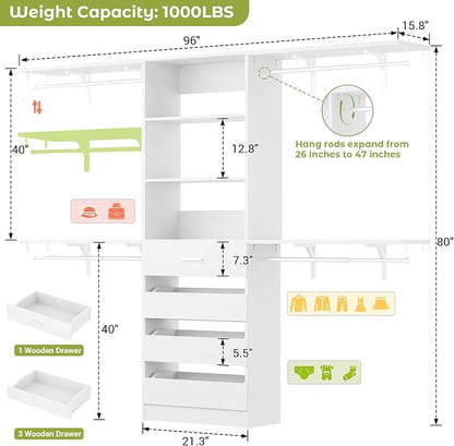 Aheaplus Closet System with 4 Drawers, 8FT Wood Closet Organizer System - Image 7