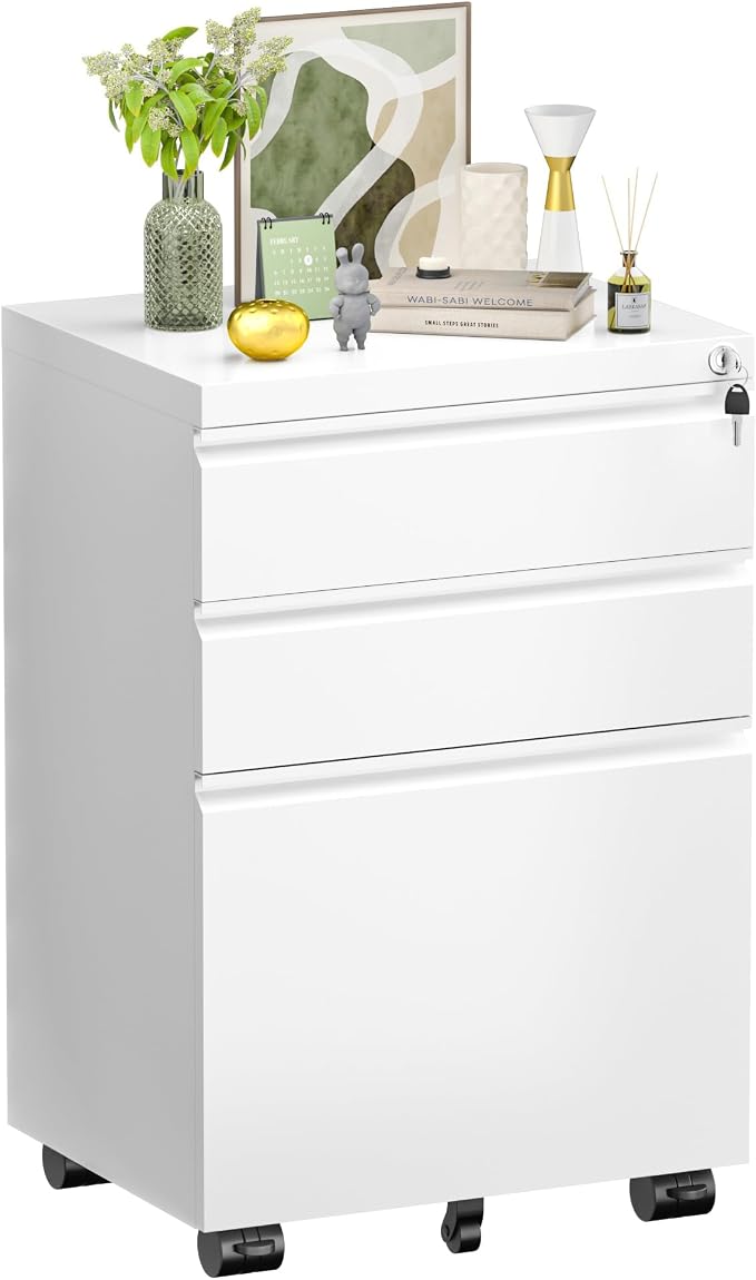 Bonusall 3 Drawer White File Cabinet, Fully Assembled Metal Rolling Filing - Image 9
