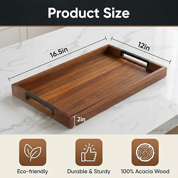 Acacia Wood Serving Tray with Handles, Large Wooden Ottoman & Coffee Table Tray - Image 2