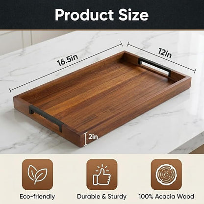 Acacia Wood Serving Tray with Handles, Large Wooden Ottoman & Coffee Table Tray - Image 2