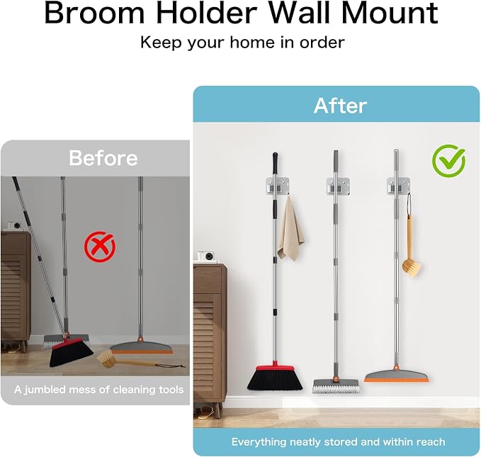nacena Broom Holder Wall Mount, 4 Packs Silver Stainless Steel Mop and Broom - Image 3