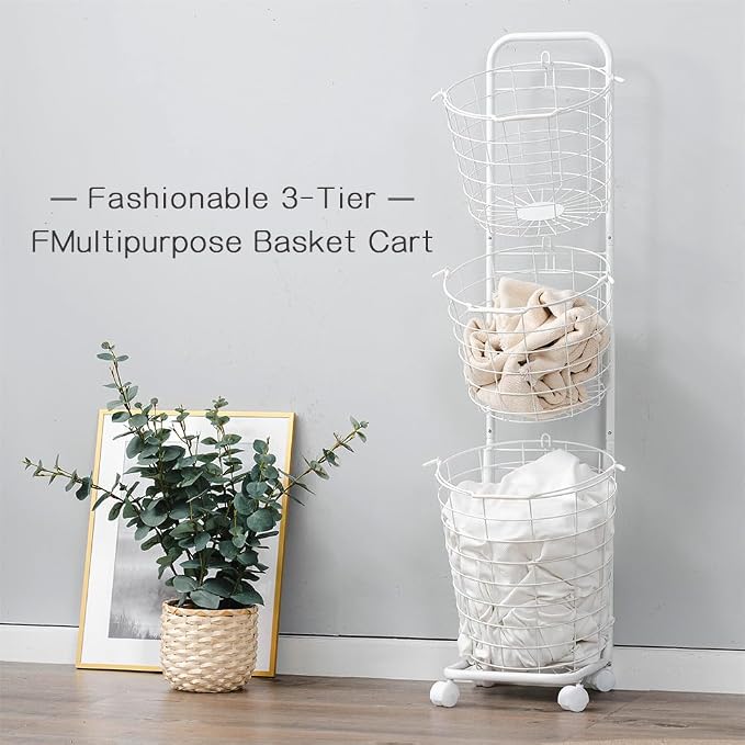 3 Tier Rolling Laundry Hamper, Metal Sorter Storage Trolley Shelf, - Image 2