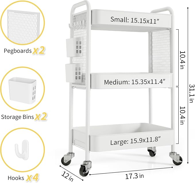 TOOLF 3 Tier Rolling Cart Storage Organizer, Metal Rolling Utility Cart - Image 6