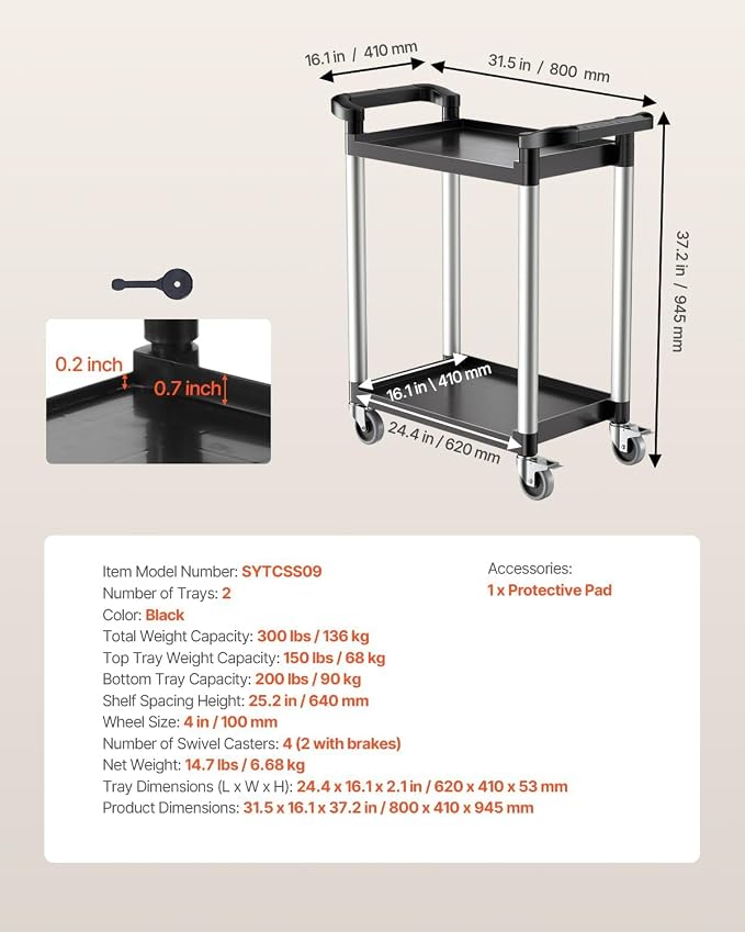 VEVOR Utility Cart, 300 lbs Load Capacity, 2-Tier Utility Plastic Cart - Image 3