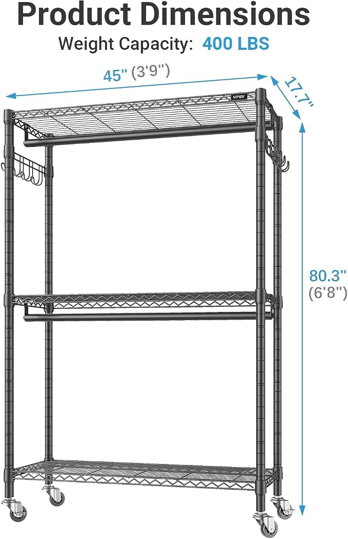 VIPEK R2 Plus Heavy Duty Rolling Garment Rack 3 Tiers Adjustable Wire Shelving - Image 6