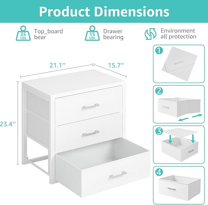 BOLUO Closet Drawers White 3 Drawer Dresser - Image 2