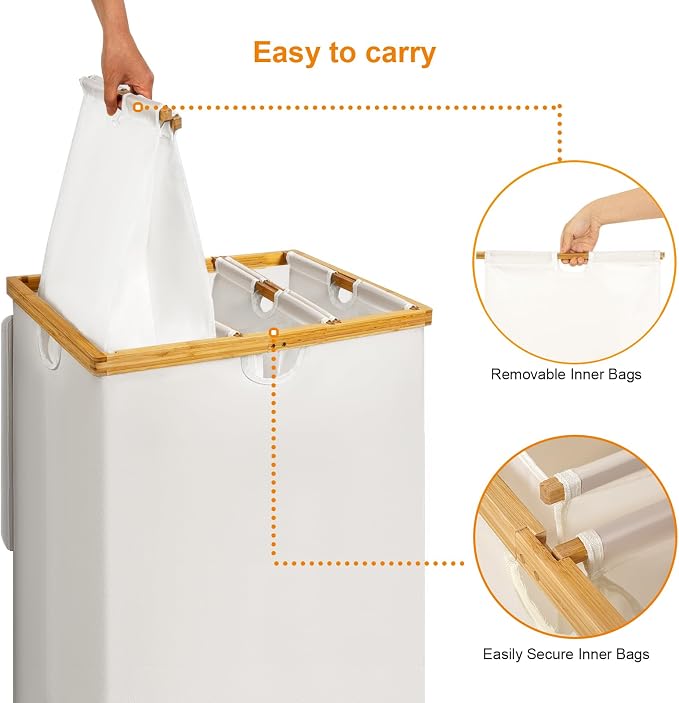 WOWLIVE 180L Laundry Hamper 3 Section, Bamboo Laundry Basket - Image 6