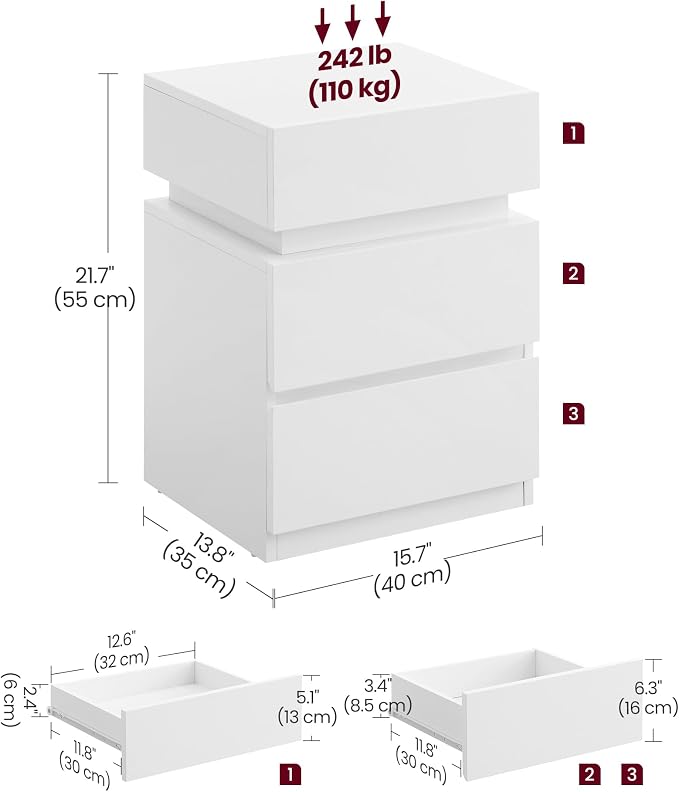 VASAGLE Nightstands with LED Lights, Adjustable Light Colors, Bedside Tables - Image 3
