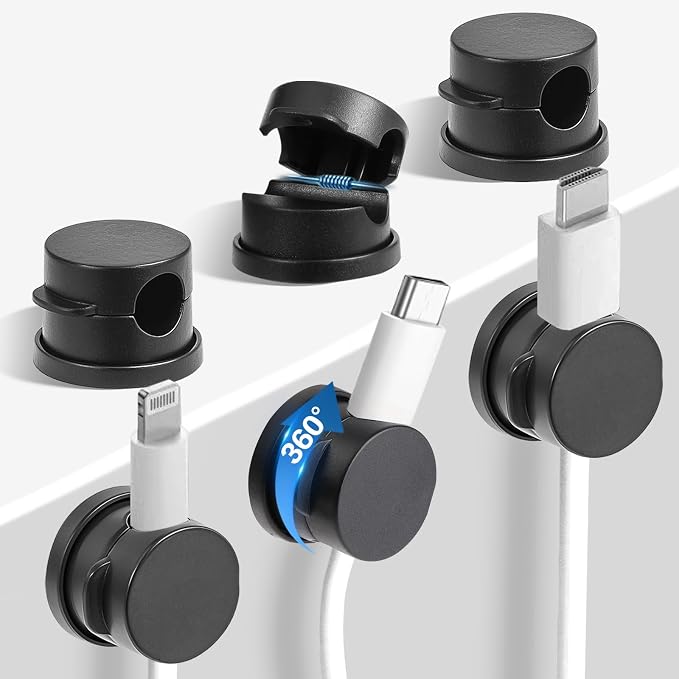 6PC Cord Organizer Holder, 360° Rotatable Spring Cable Clips, Strong Adhesive by Keuaaao