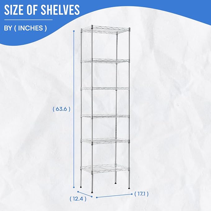 PayLessHere | 6-Tier Wire Shelf | 17"x12"x64" | Chrome | Adjustable Racks | - Image 3
