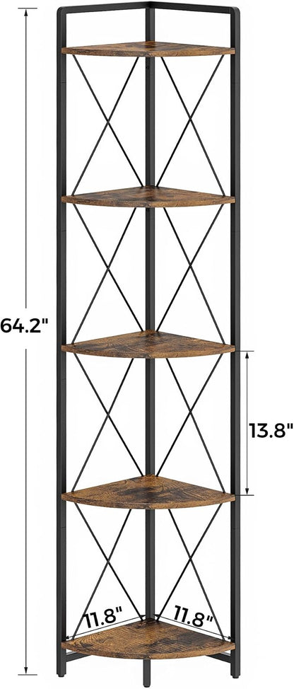 5 Tier Corner Shelf Stand, Rustic Brown | Industrial Metal Corner Shelf - Image 2