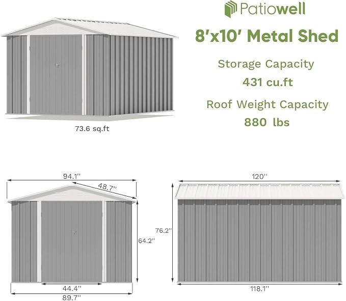 Patiowell 8x10 FT Outdoor Storage Shed, Large Garden Tool Metal Shed - Image 2