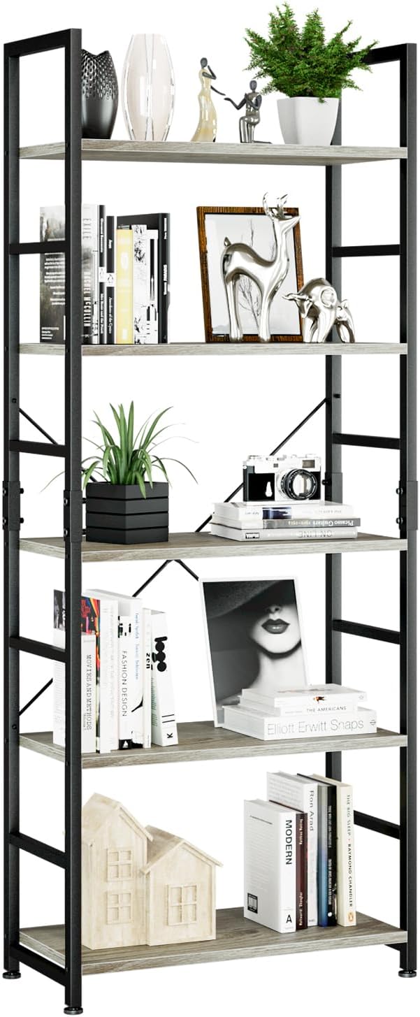NUMENN 5 Tier Bookshelf, Tall Freestanding Open Storage Bookcase, Support Bars by NUMENN