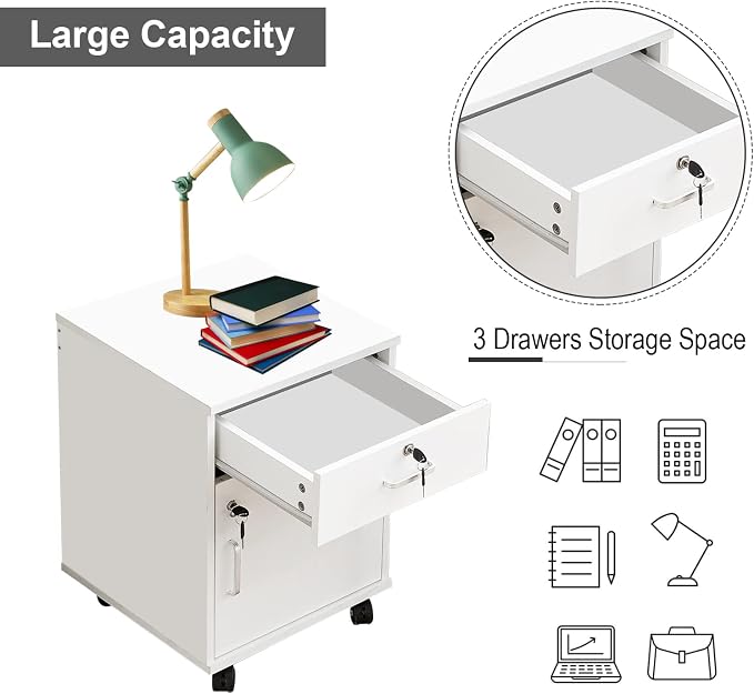 File Cabinet with Lock and Drawer, Mobile Under Desk Storage Cabinet with 360° - Image 3