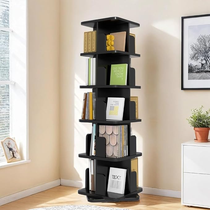 MHOM Black Rotating Bookshelf, 360 Display 5 Tier Rotating Bookshelf Tower - Image 3
