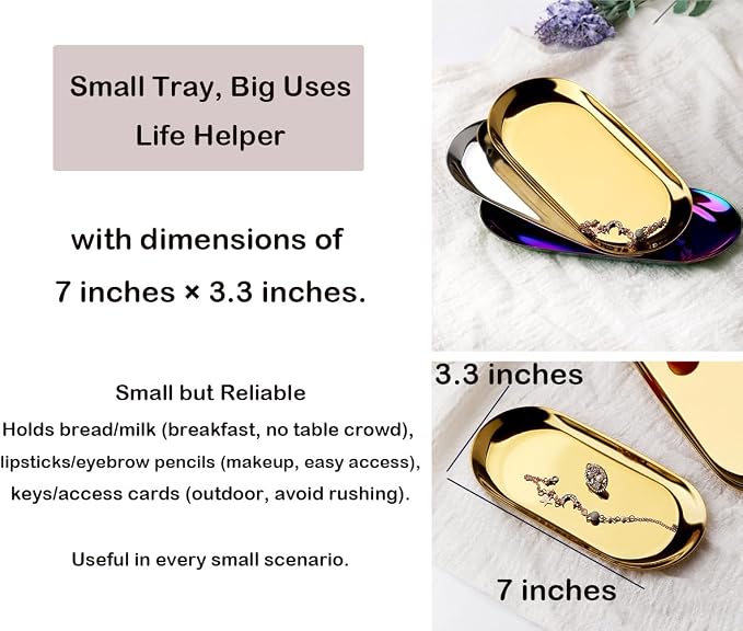 Stainless Steel Decorative Tray, 7 Inch Long, Jewelry Dish Cosmetics Organizer - Image 7