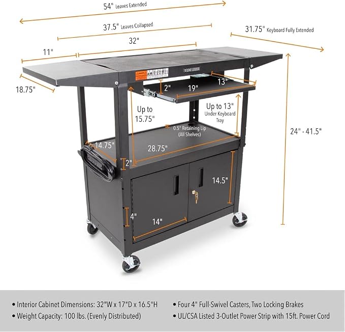 Line Leader Large AV Cart with Locking Cabinet & Drop Leaves, Rolling Height - Image 3