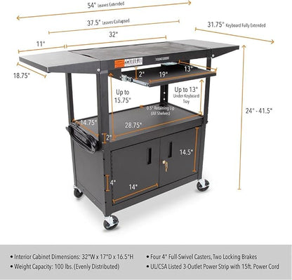 Line Leader Large AV Cart with Locking Cabinet & Drop Leaves, Rolling Height - Image 3