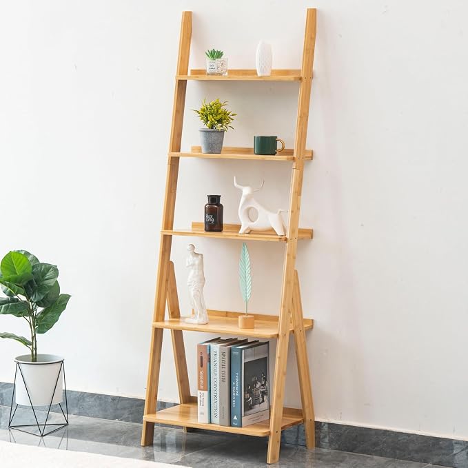 Maydear Bamboo Ladder Shelf Bookcase, 5-Tier Leaning Bookshelf Free Standing by Maydear