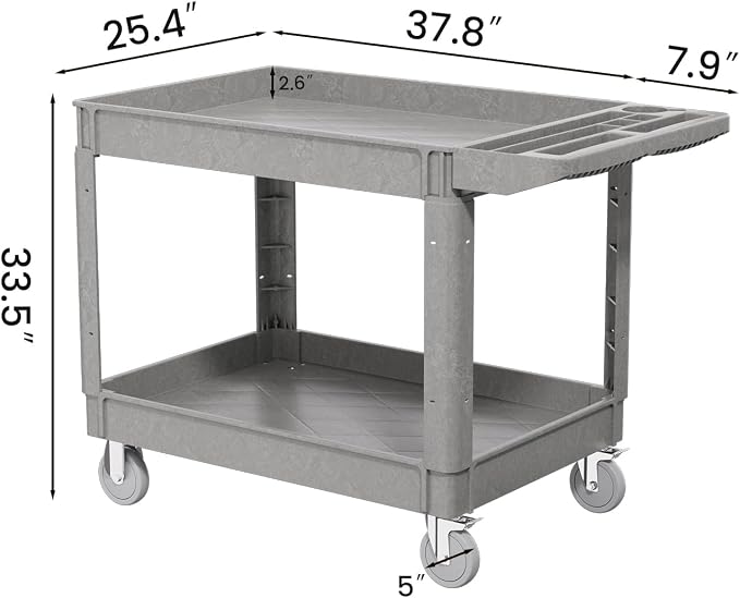2 Tier Plastic Rolling Utility Cart on Wheels, Heavy Duty Tool Cart - Image 3